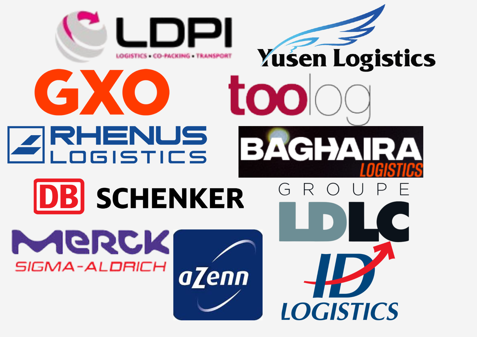 Logos des adhérents Pil’Secure : LDPI, Yusen Logistics, GXO, Toolog, Rhenus Logistics, Baghaira Logistics, DB Schenker, Groupe LDLC, Merck Sigma-Aldrich, aZenn, ID Logistics